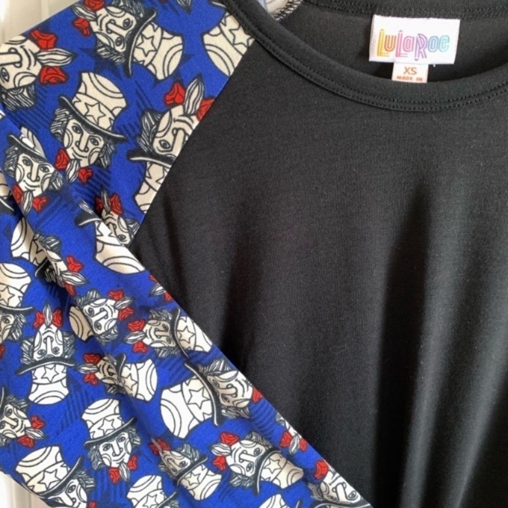 NWT LuLaRoe Black Randy Shirt with Patriotic Blue Uncle Sam Sleeves, Size XS